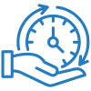 A hand holding a blue clock symbolizing time management and efficiency, with arrows indicating cyclical progress.