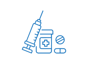 Syringe, pill bottle, and two pills illustrated in blue outline, symbolizing medication and healthcare.