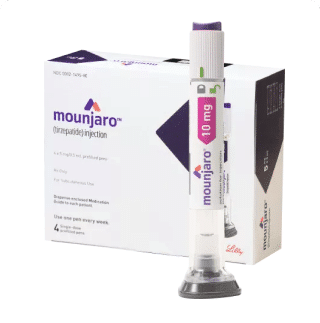 A box and syringe of Mounjaro, a 10 mg prescription medication.