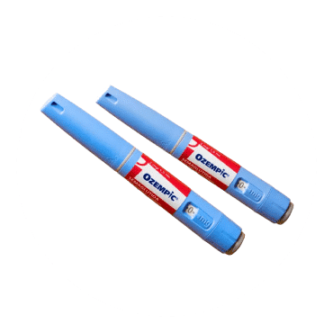 A pair of blue pen ozempic needles, both adorned with red and white labels for easy reference.