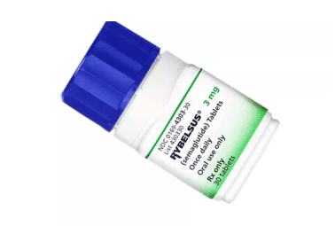 A bottle of RYBELSUS 3 mg tablets with a blue cap, containing 30 tablets, labeled for once daily use.