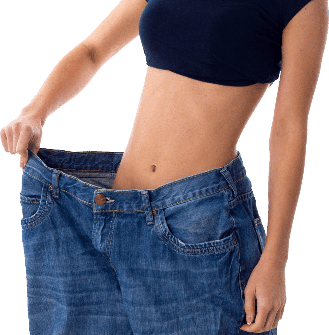 A woman with a prominent belly proudly displays her jeans, embodying confidence in her body while considering weight loss.