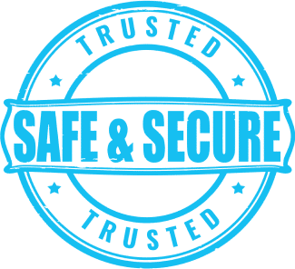safe and secure logo- Blue stamp design featuring the words 