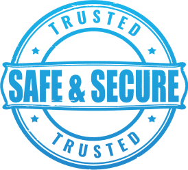 safe and secure logo- Blue stamp design featuring the words "SAFE & SECURE" prominently in the center, with "TRUSTED" above and below.