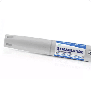 A close-up of a semaglutide injection pen labeled for simple patient use, featuring a gray casing and blue text.