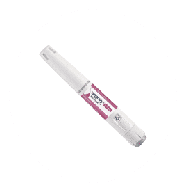 A white injector pen with a purple label, designed for administering medication, lying on a white background.