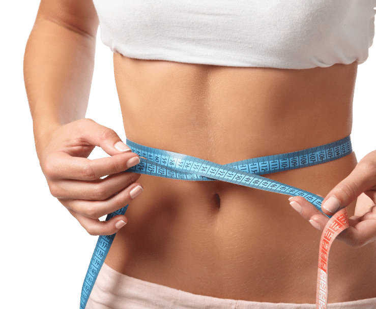 A woman measuring her waist with a tape measure, focusing on her midsection with a thoughtful expression.