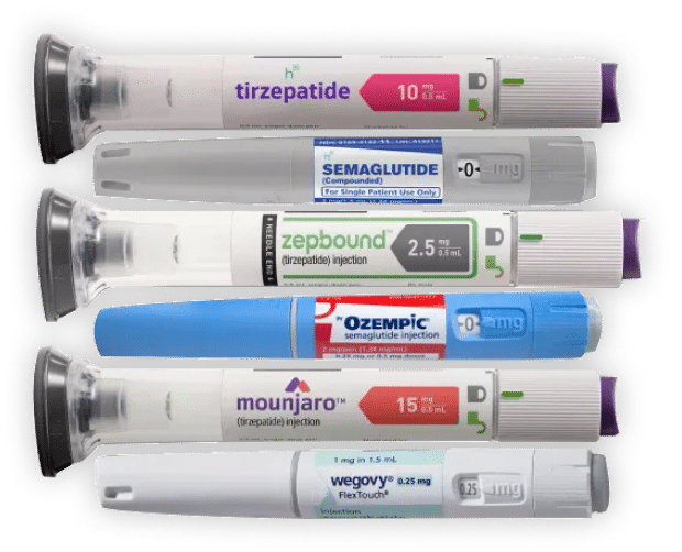 A collection of various medication types, including pills, capsules, and liquid forms, arranged on a white background.