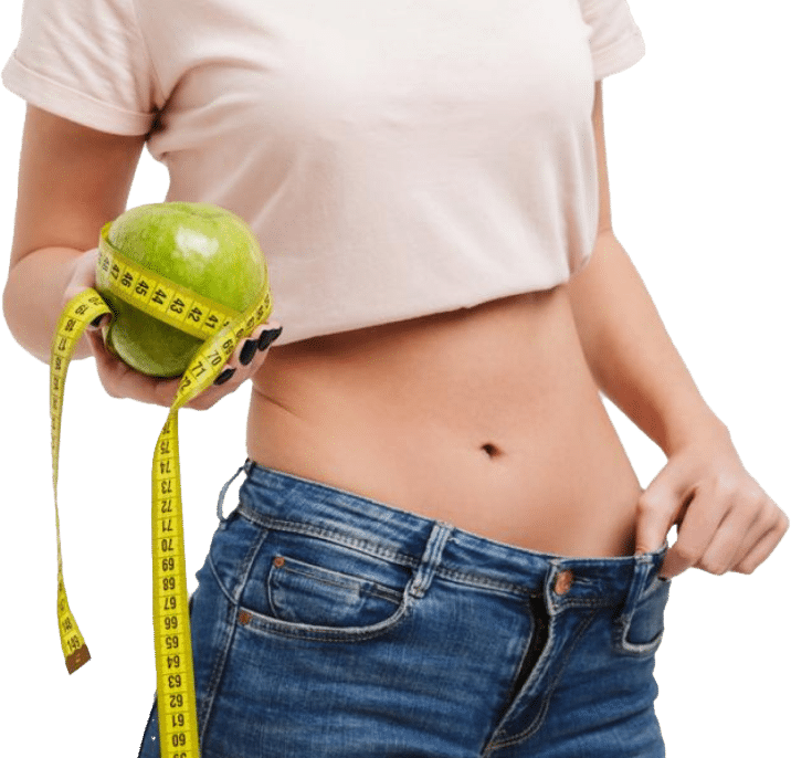 A woman smiles while holding a red apple in one hand and a measuring tape in the other, symbolizing health and fitness.