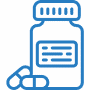 A blue outline of a pill bottle with a label and several pills beside it, representing medication or supplements.