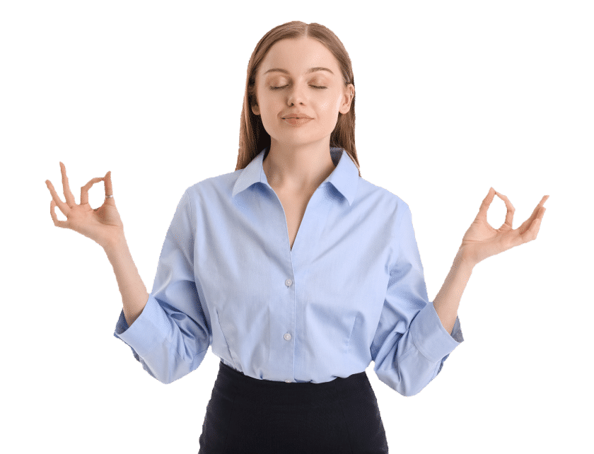 A person in a light blue button-up shirt is meditating, with hands raised in a calming gesture against a black background.