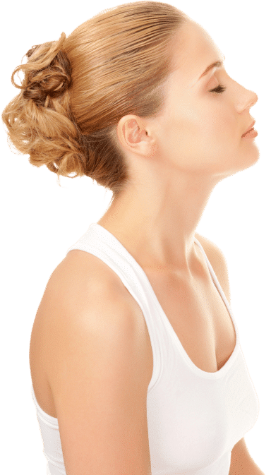 A woman tilts her head to the side, wearing a white tank top, breathing wondering semaglutide