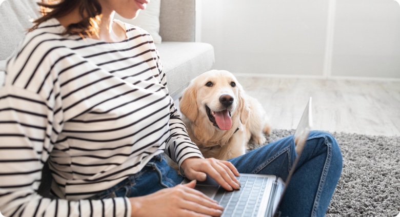 A woman sits on the floor with a dog beside her, using a laptop in a cozy indoor setting.