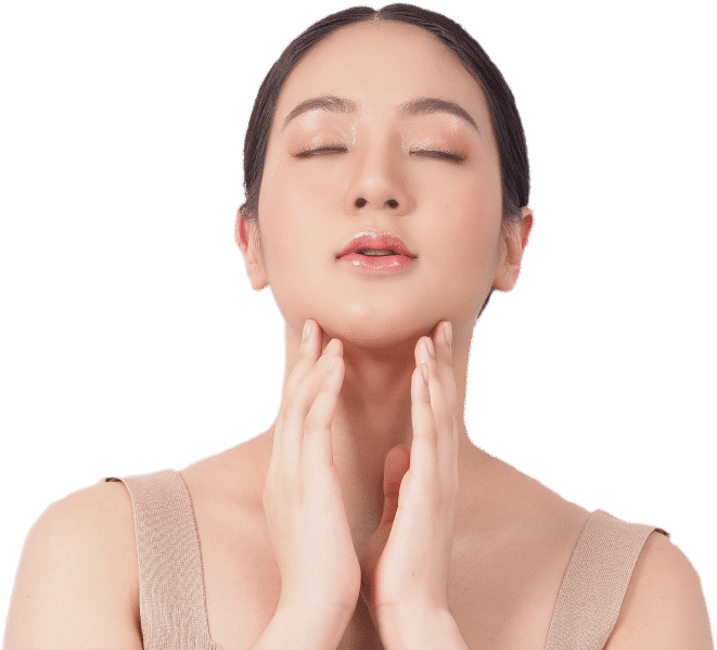 A woman with her hands resting on her chin, eyes closed, appearing contemplative and serene.