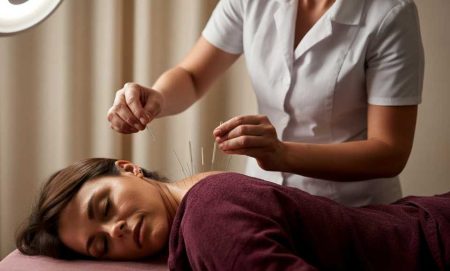 A professional administering acupuncture treatment on a patient lying on a treatment table in a calming, softly lit environment.