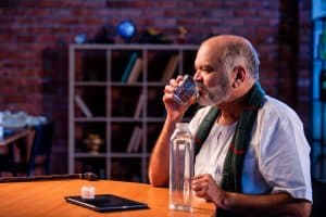 A man with a beard and mustache sits at a table, drinking water instead of alcohol—mindful of alcohol effects on weight loss. A large water bottle, tablet, and cane are on the table, with a bookshelf in the background.
