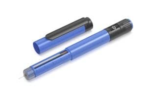 A blue Weight Loss Injection Pen with a black cap, shown uncapped to reveal the needle and dosage dial, placed on a white background.