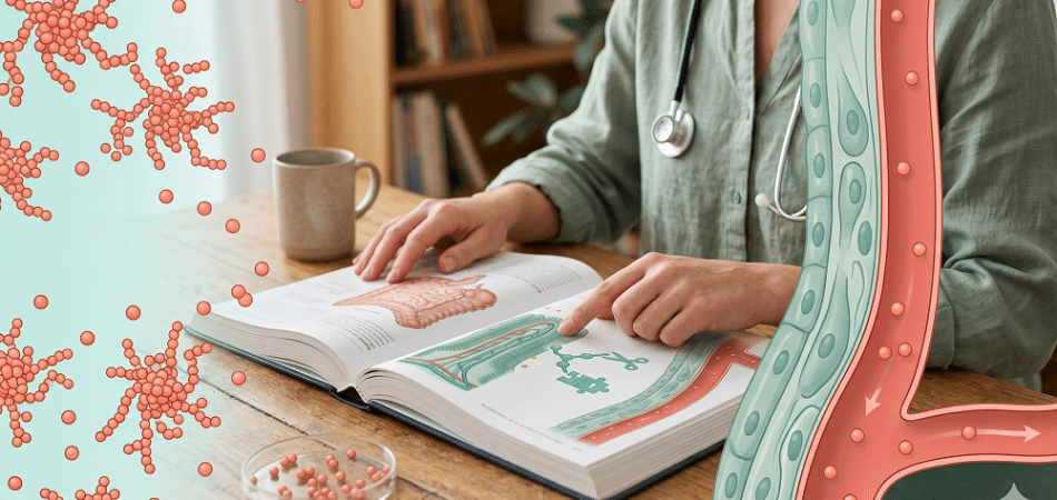 A person with a stethoscope reads a medical book showing digestive system diagrams, with stylized bacteria and gut illustrations overlaid on the image.
