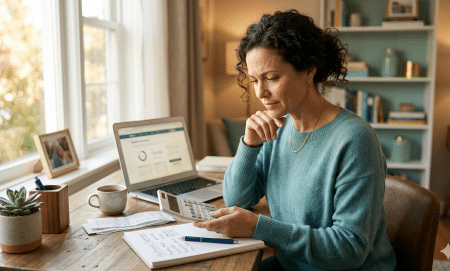 Woman sitting at a desk using a calculator, reviewing documents, with a laptop and coffee cup nearby in a home office setting.